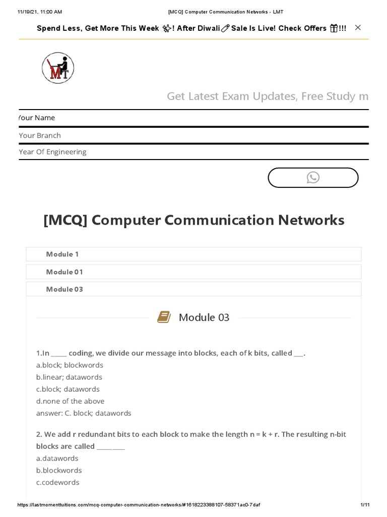 MCQs on Computer Communication Networks | PDF | Telecommunications ...