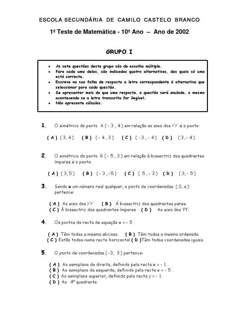 1teste10 de Matematica 10 | PDF | Sistema de coordenada cartesiana ...