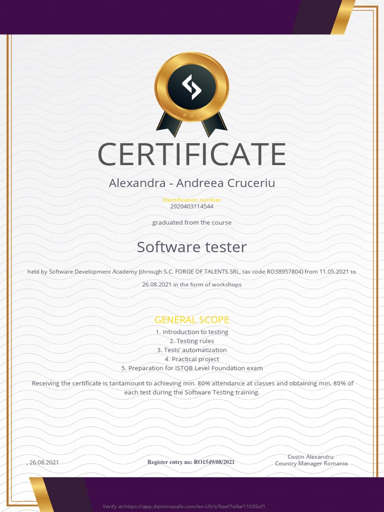 Certificate: Software Tester | Download Free PDF | Software Testing ...