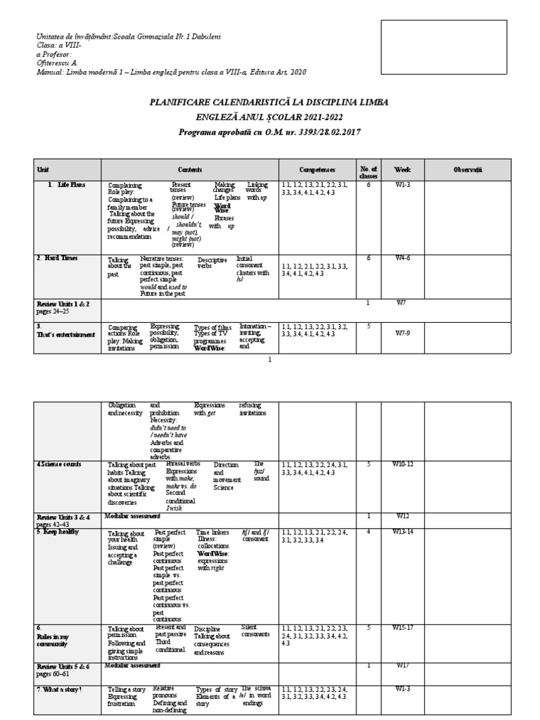 Planificare Cls Viii Art Klett PDF Clause Grammatical Tense