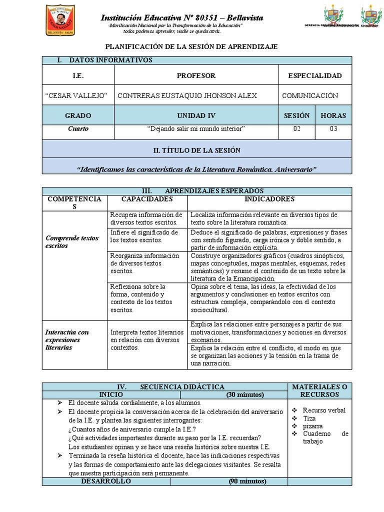 Sesion de Aprendizaje Aniversario Cuarto Grado | PDF | Aprendizaje ...
