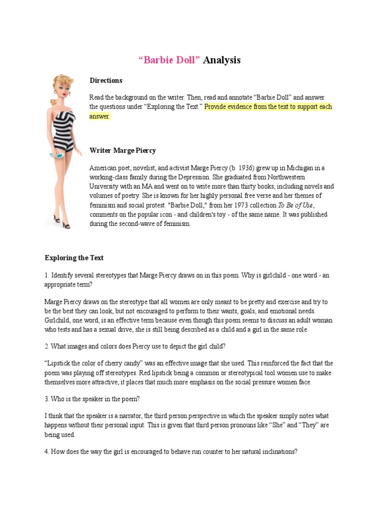 Barbie Doll Poem Analysis Bethers PDF