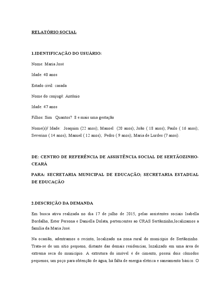 Relatório de Assistência Social em Sertãozinho | PDF | Família