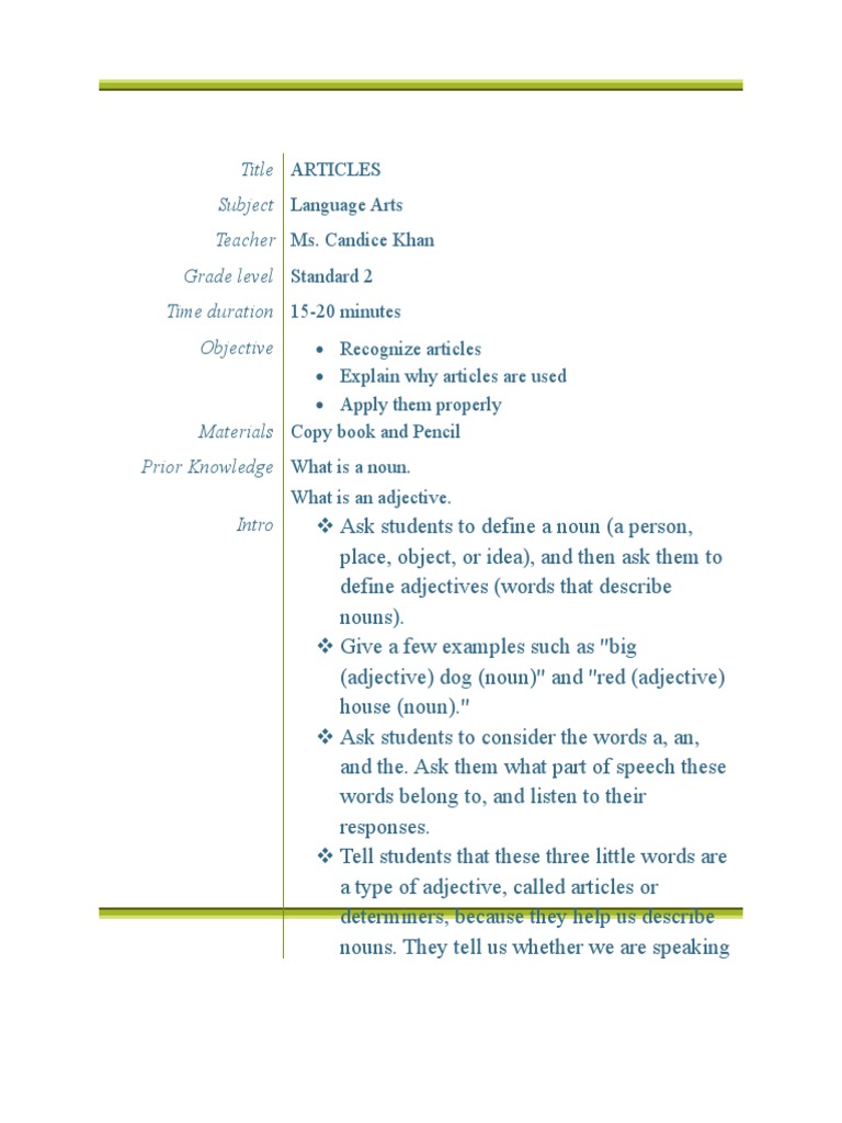 Lesson Plan Articles Pdf Noun Adjective