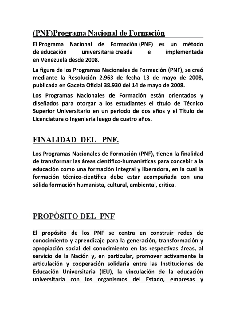 (PNF) Programa Nacional de Formación: Propòsito Del PNF | PDF