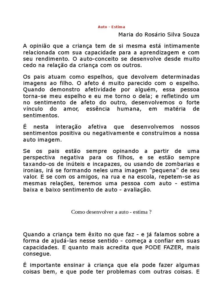 Desenvolvendo Autoestima Infantil | PDF | Aprendizado | Sentimento