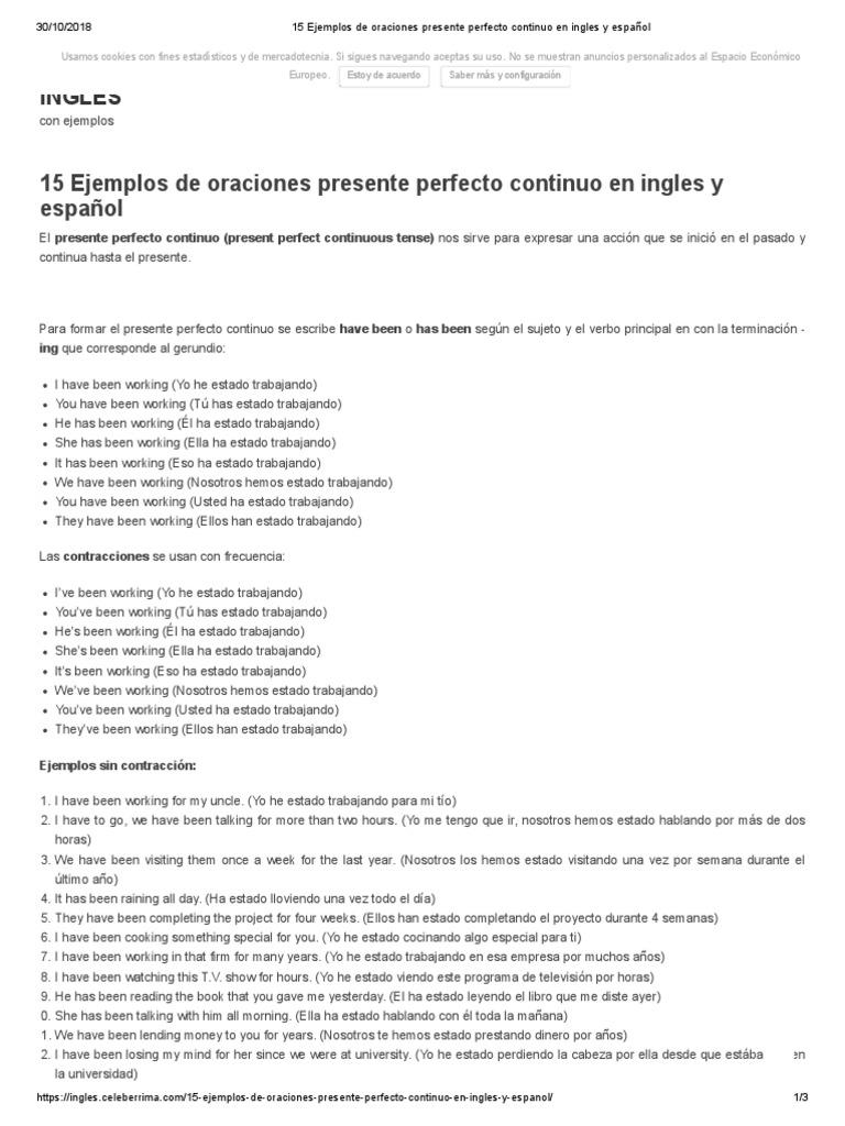 15 Ejemplos de Presente Perfecto Continuo | PDF | Lingüística | Sintaxis