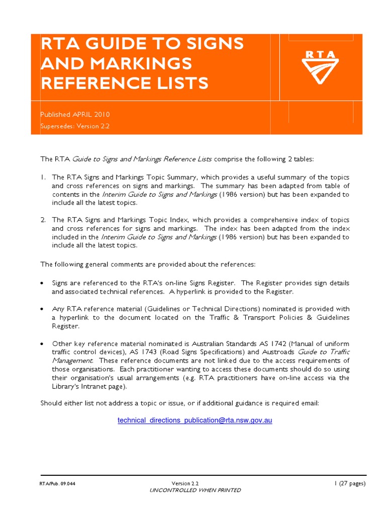 RTA Guide To Signs and Markings Reference Lists Version 2.2 PDF Parking Traffic