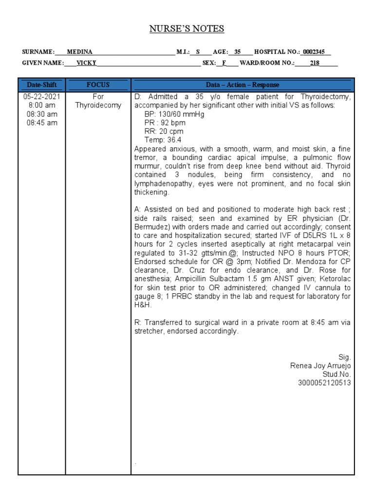 Nurse'S Notes: Date-Shift Focus Data - Action - Response | PDF | Health ...