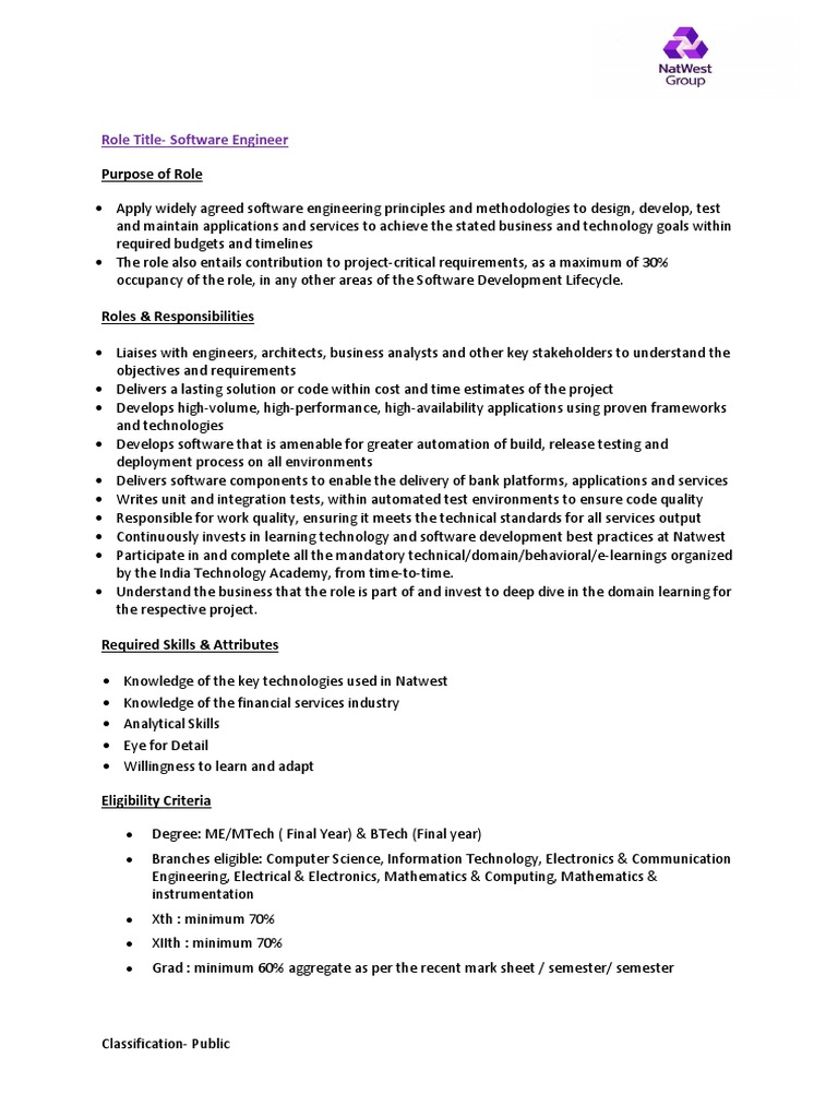 Purpose of Role: Role Title-Software Engineer | PDF | Software ...
