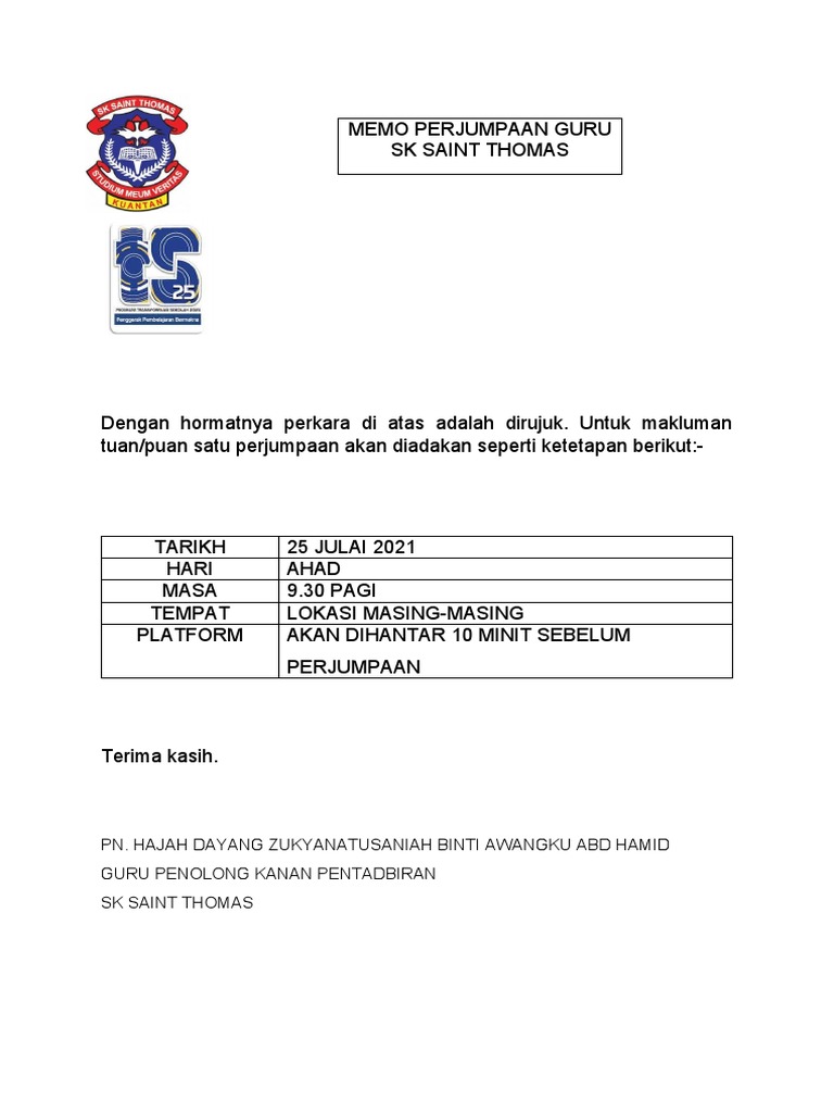 Memo Perjumpaan Guru 2021 | PDF