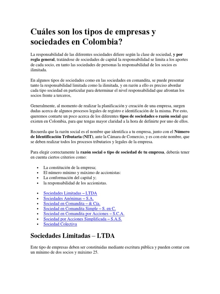 Cuáles Son Los Tipos de Empresas y Sociedades en Colombia | PDF ...