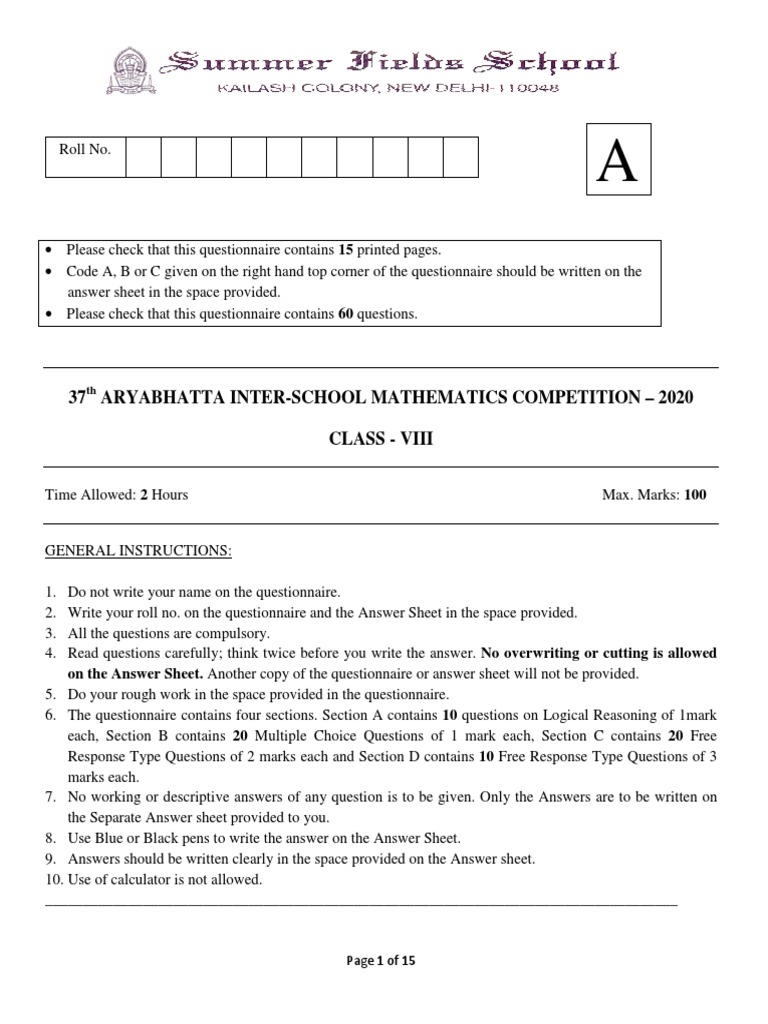 Aryabhatta National Maths Competition Sample Papers Grade 5