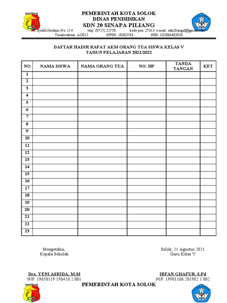 Daftar Hadir Rapat Orang Tua Siswa | PDF