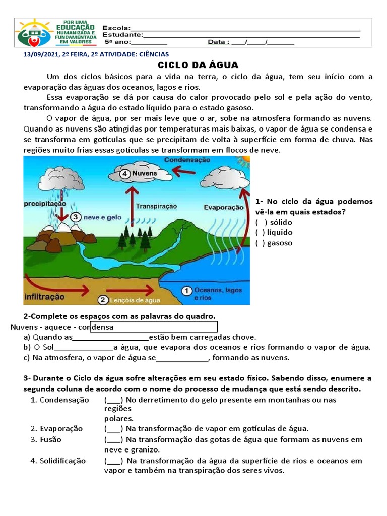 Atividades Sobre O Ciclo Da Agua 5 Ano Edulearn