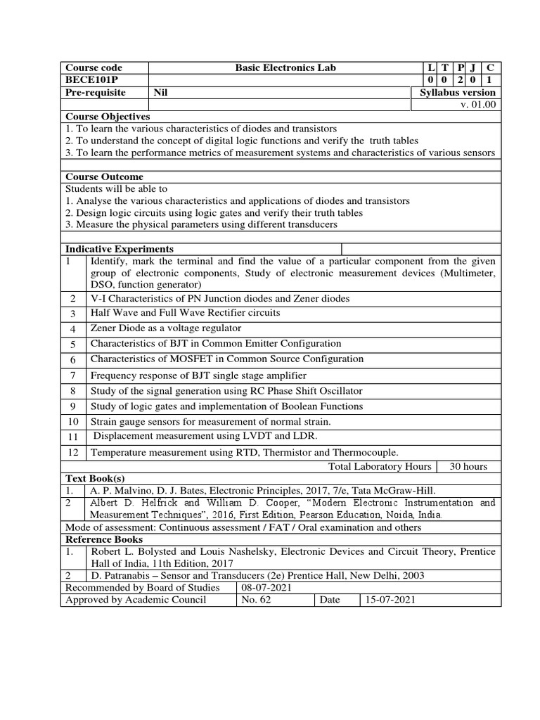 Course Code Basic Electronics Lab L T P J C BECE101P 0 0 2 0 1 Pre ...