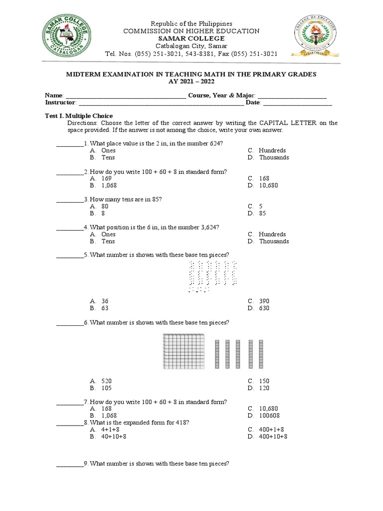 Midterm in Teaching Math in The Primary Grades | PDF | Division ...