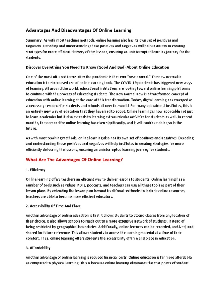 Pros and Cons of Online Learning | PDF | Educational Technology | Learning