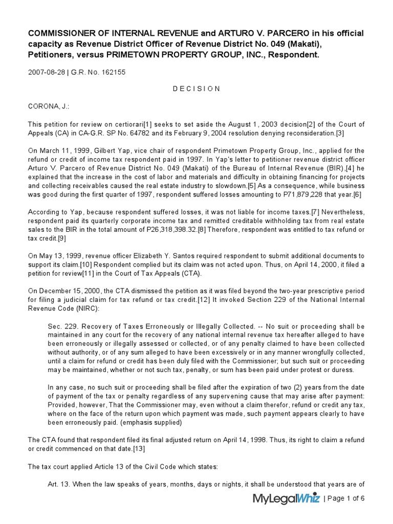 Commissioner of Internal Revenue Vs Primetown Property Group Inc 531