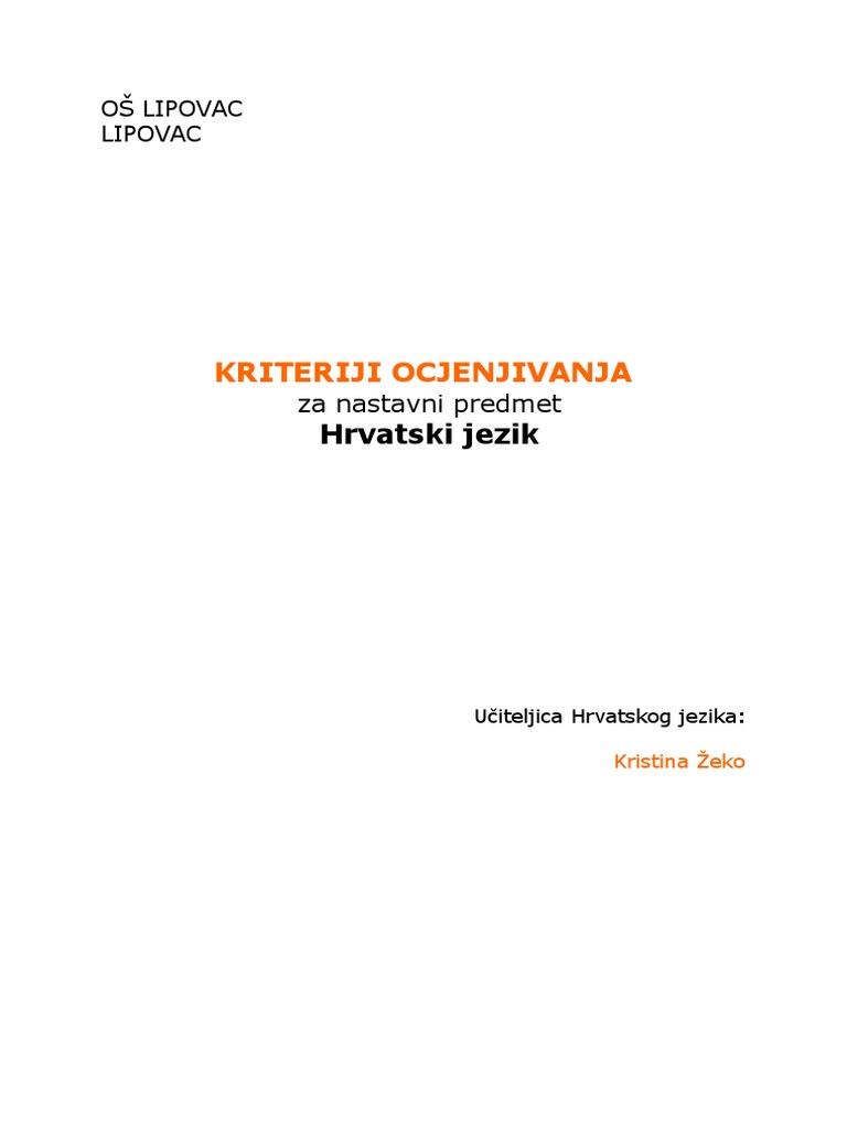 Hrvatski Jezik - Kriteriji Ocjenjivanja | PDF