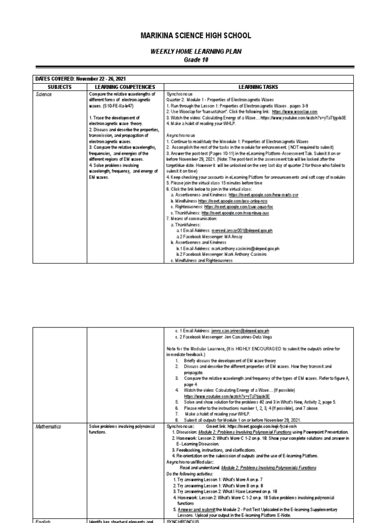 Marikina Science High School: Weekly Home Learning Plan Grade 10 | PDF ...