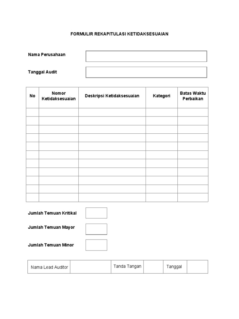 Formulir Rekapitulasi Ketidaksesuaian | PDF