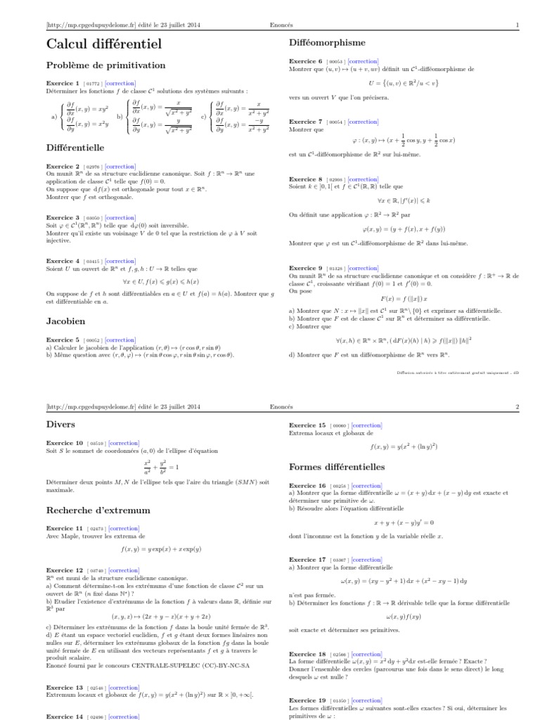 Exercices de calcul différentiel et intégral | PDF | Extremum | Forme ...