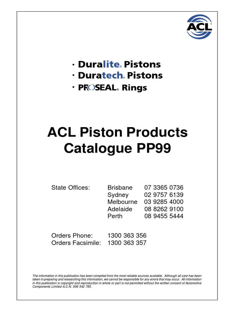 ACL Piston Products Catalogue PP99 Dura Pistons PDF Piston Gasoline