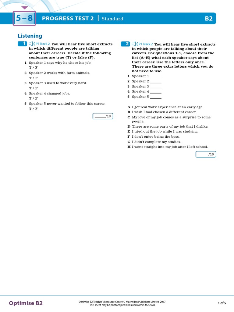 OPT B2 Progress Test 2 Standard | PDF