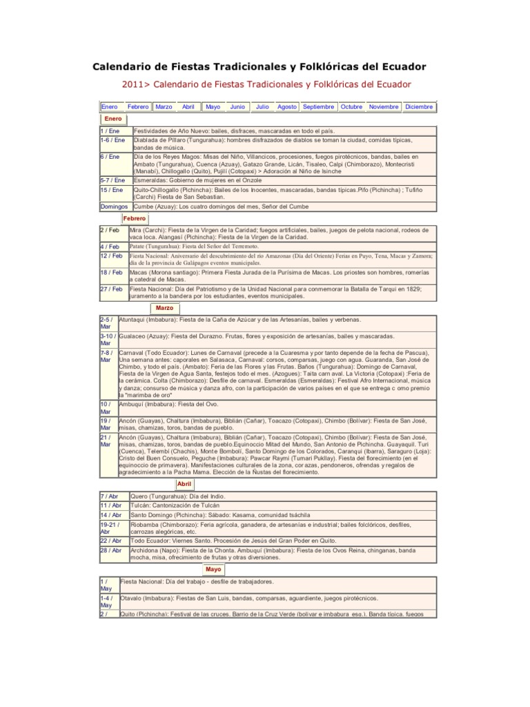 Calendario de Fiestas Tradicionales y Folklóricas del Ecuador | PDF