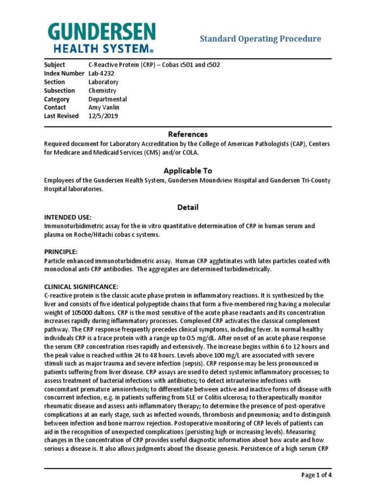 CRP Testing SOP for Cobas c501/c502 | PDF | C Reactive Protein ...