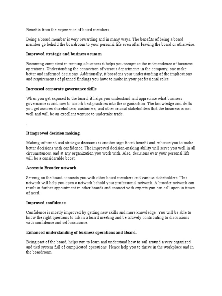 Benefits of Advisory Board Edit 1 PDF Board Of Directors Leadership