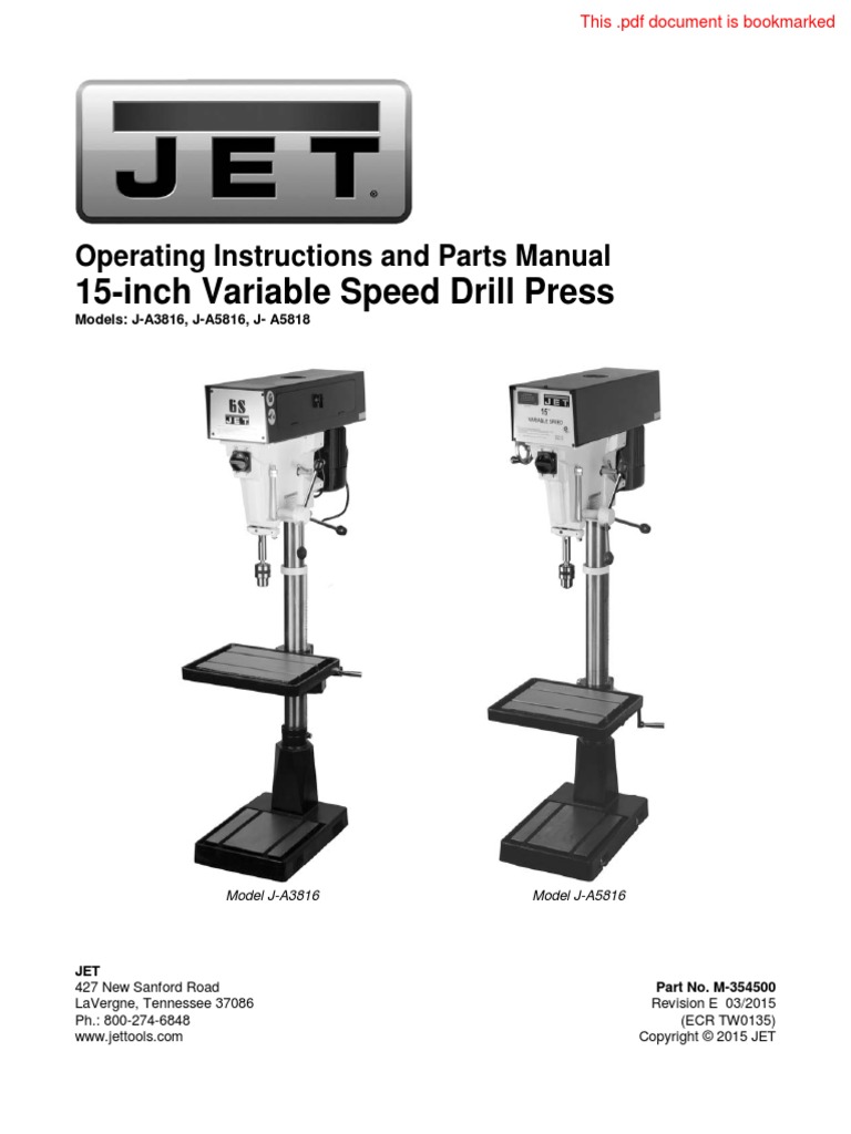15Inch Variable Speed Drill Press Operating Instructions and Parts