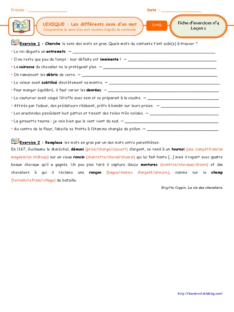 évaluation Les Différents Sens D un Mot Cm2 Fiche 4 Les Differents Sens D Un Mot | PDF