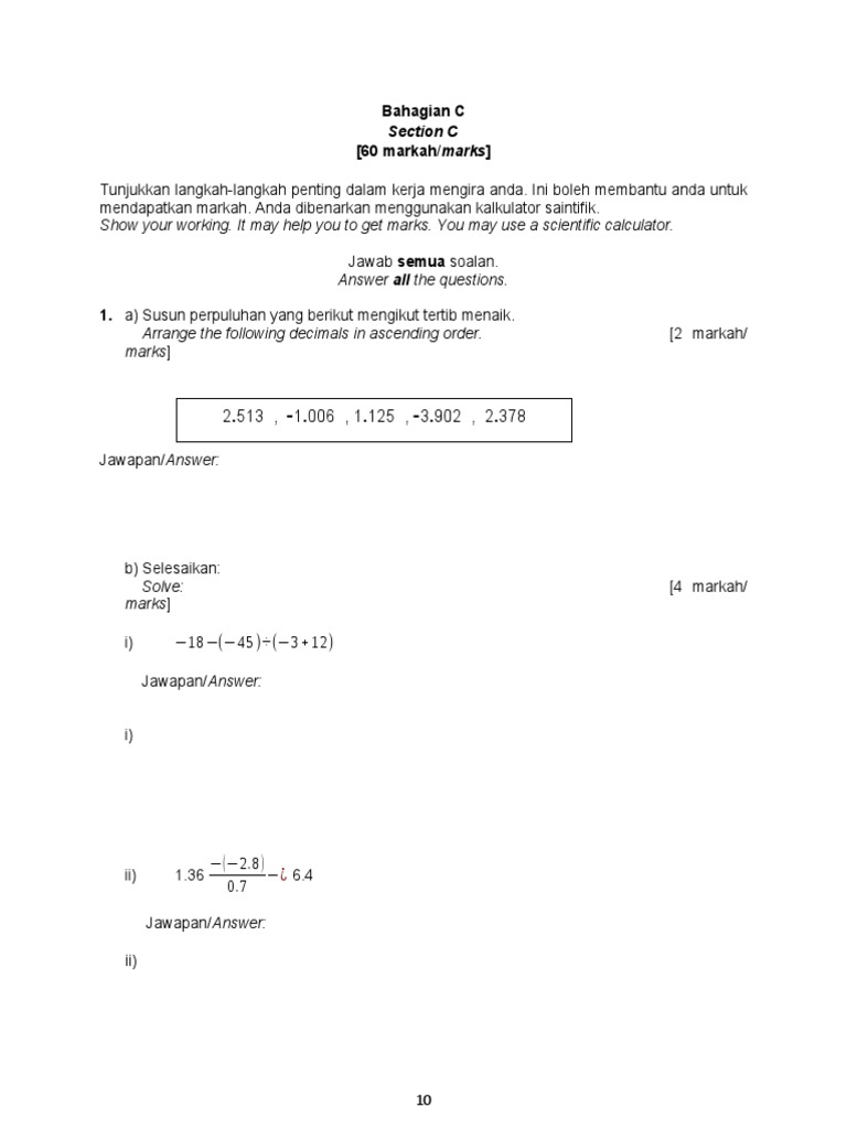 BAHAGIAN C Math f1 US3 2019 | PDF