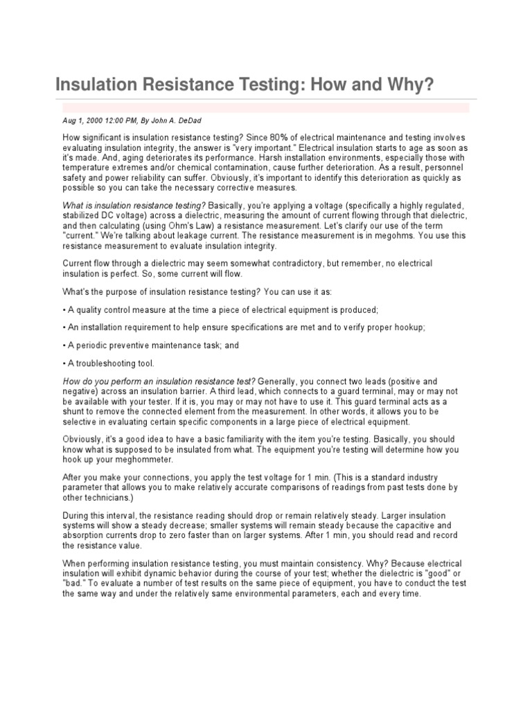 Insulation Resistance Testing | PDF | Electrical Resistance And ...