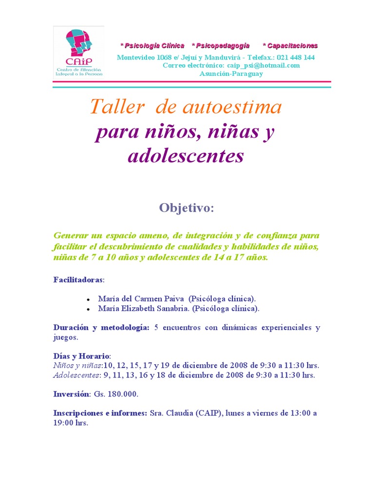 Taller de Autoestima para Niños y Adolescentes | PDF | Autoestima ...