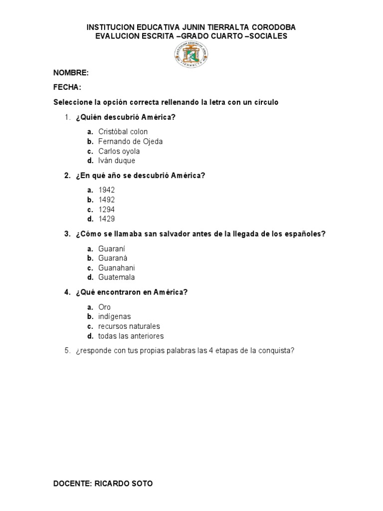 Evaluación de Sociales para Cuarto Grado | PDF
