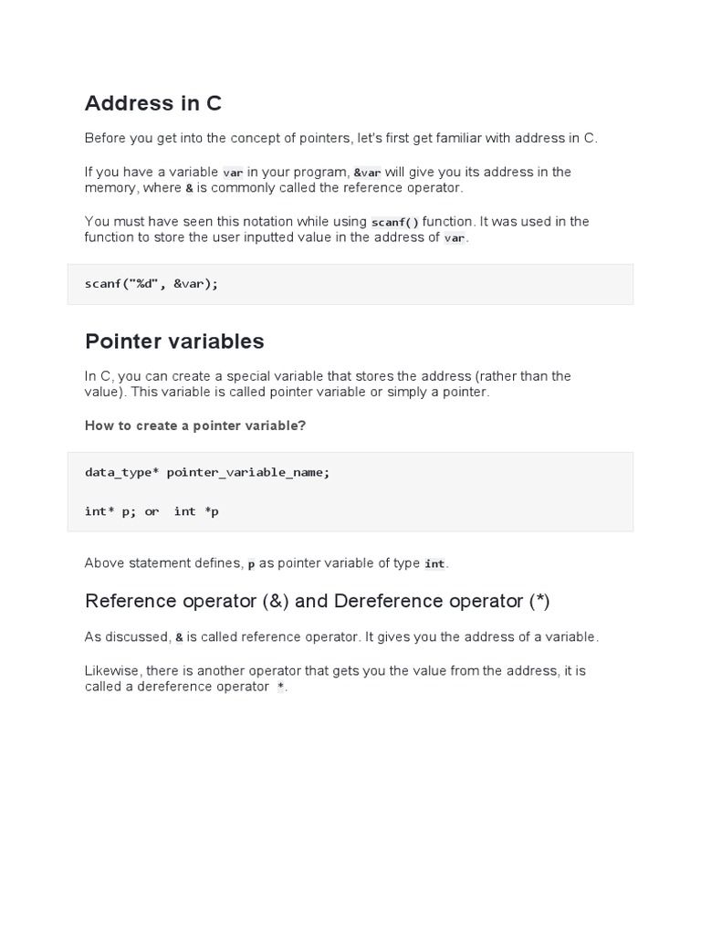 Address in C: Reference Operator (&) and Dereference Operator ( ) | PDF ...
