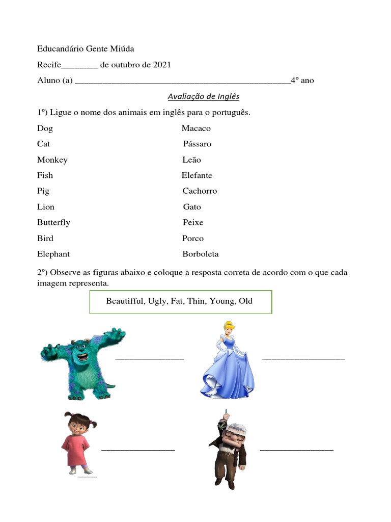 Prova de Inglês 4 Ano | PDF