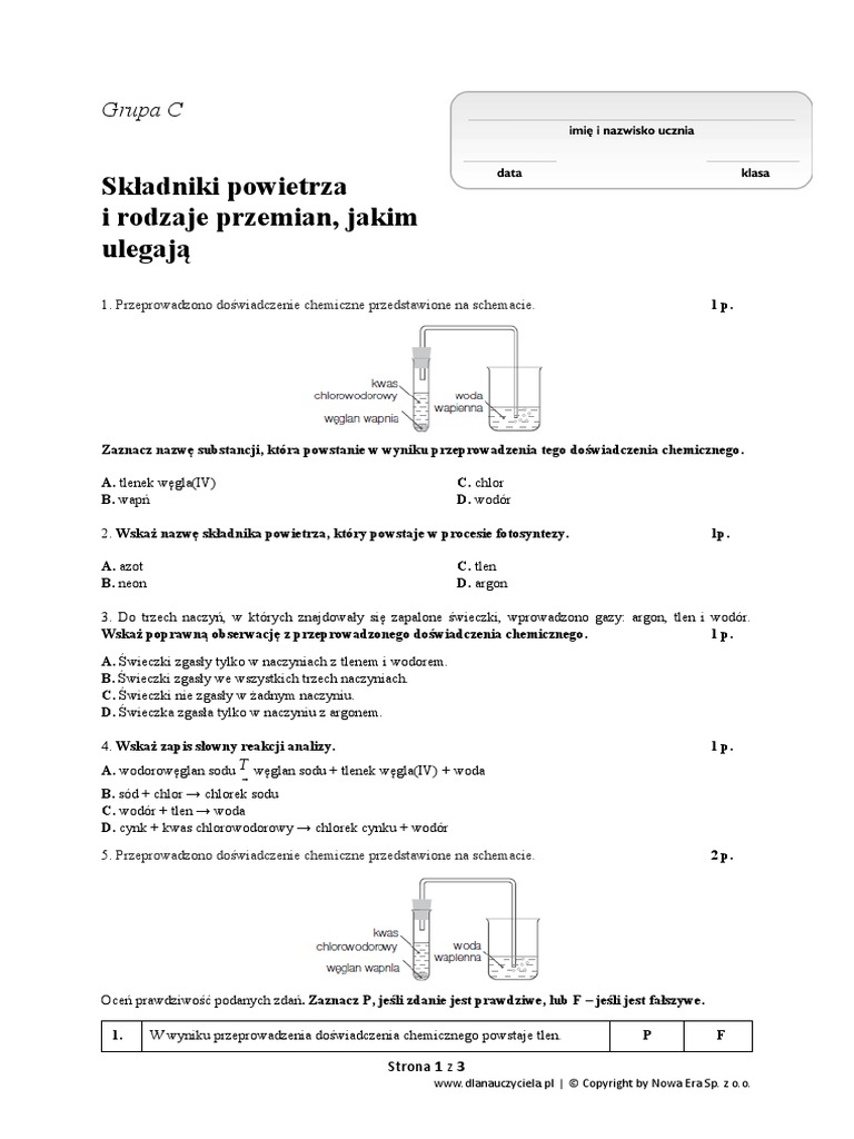 Chemia Klasa 7 Składniki Powietrza I Rodzaje Przemian Jakim Ulegają Sprawdzian 2. Składniki Powietrza I Rodzaje Przemian, Jakim Ulegają