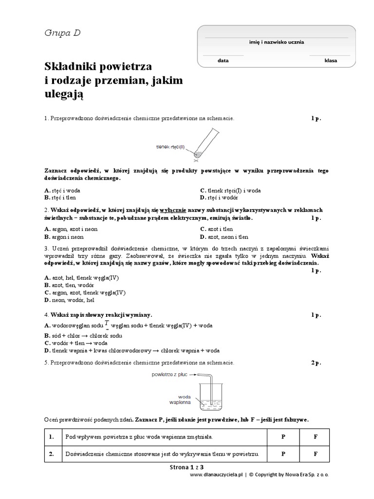 Chemia Klasa 7 Składniki Powietrza I Rodzaje Przemian Jakim Ulegają Sprawdzian 2. Składniki Powietrza I Rodzaje Przemian, Jakim Ulegają