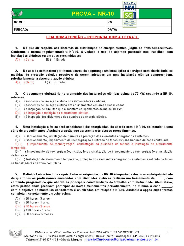 Avaliação NR-10 - Gabarito | PDF | Eletricidade | Fiação elétrica