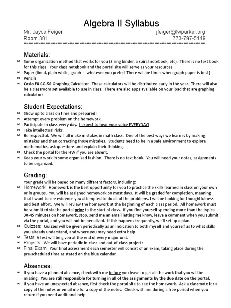 Algebra 2 Syllabus PDF Quiz Homework