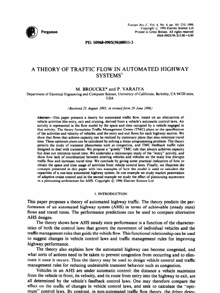 A Theory of Traffic Flow in Automated Highway Systems' | PDF | Traffic ...
