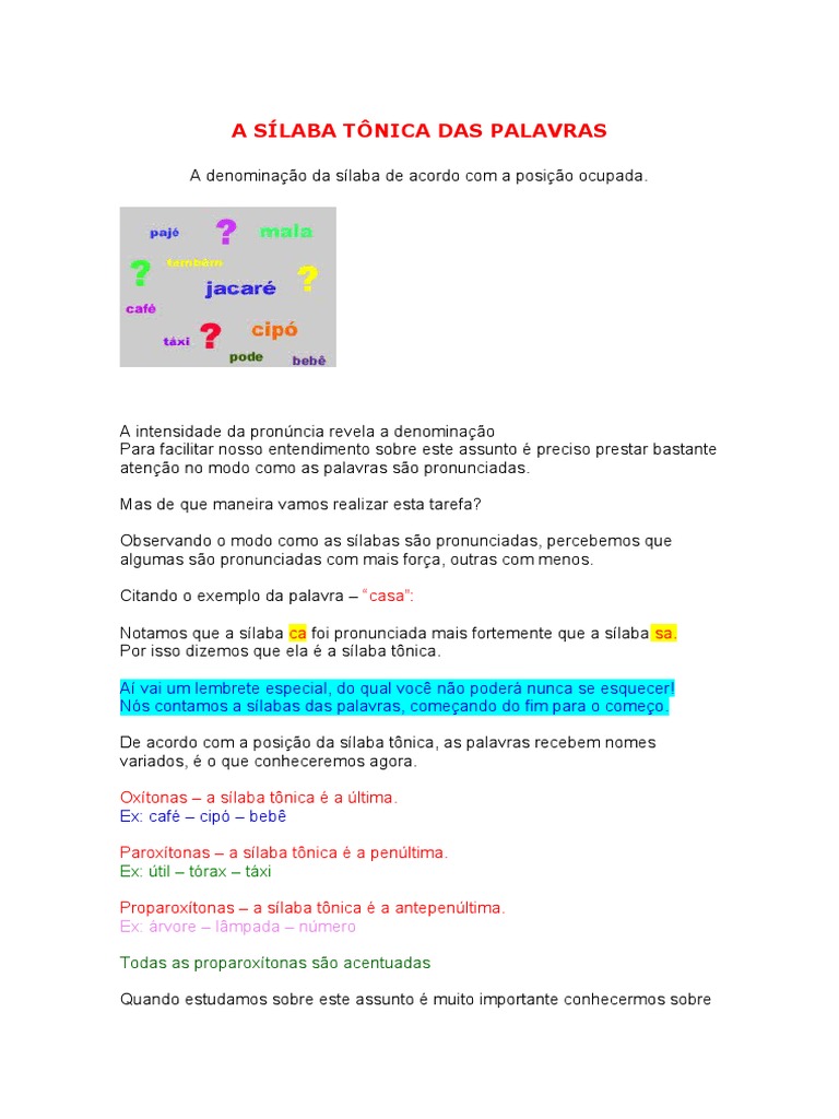 A Sílaba Tônica Das Palavras | PDF | Estresse (Linguística) | Sílaba