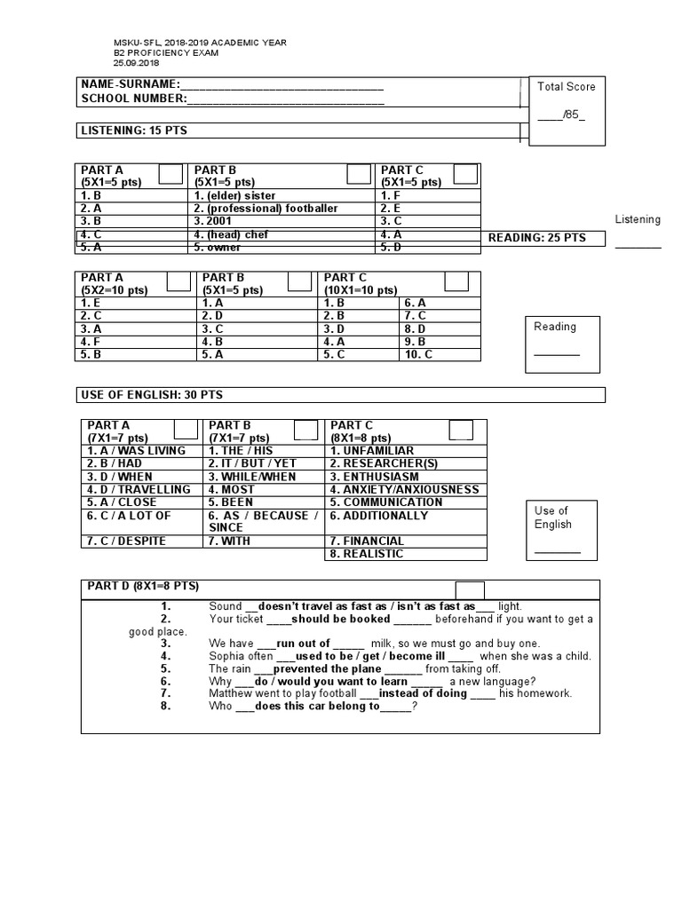 B2 Proficiency Exam Answer Key | PDF | Cognition