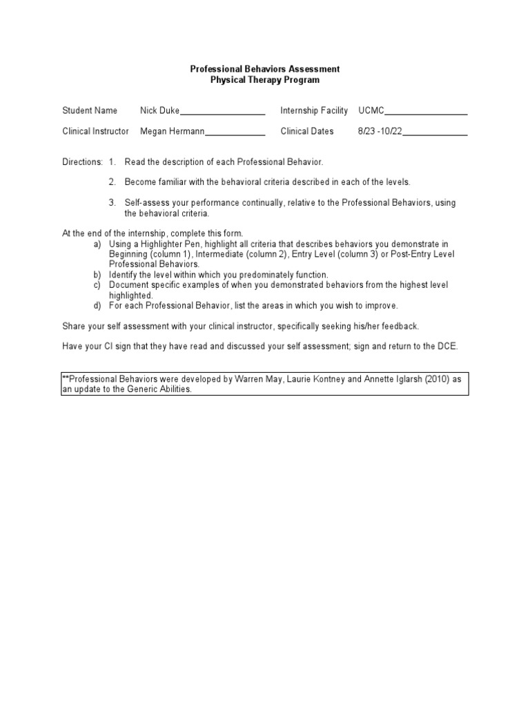 Professional Behaviors Self-Assessment Guide | PDF | Communication ...