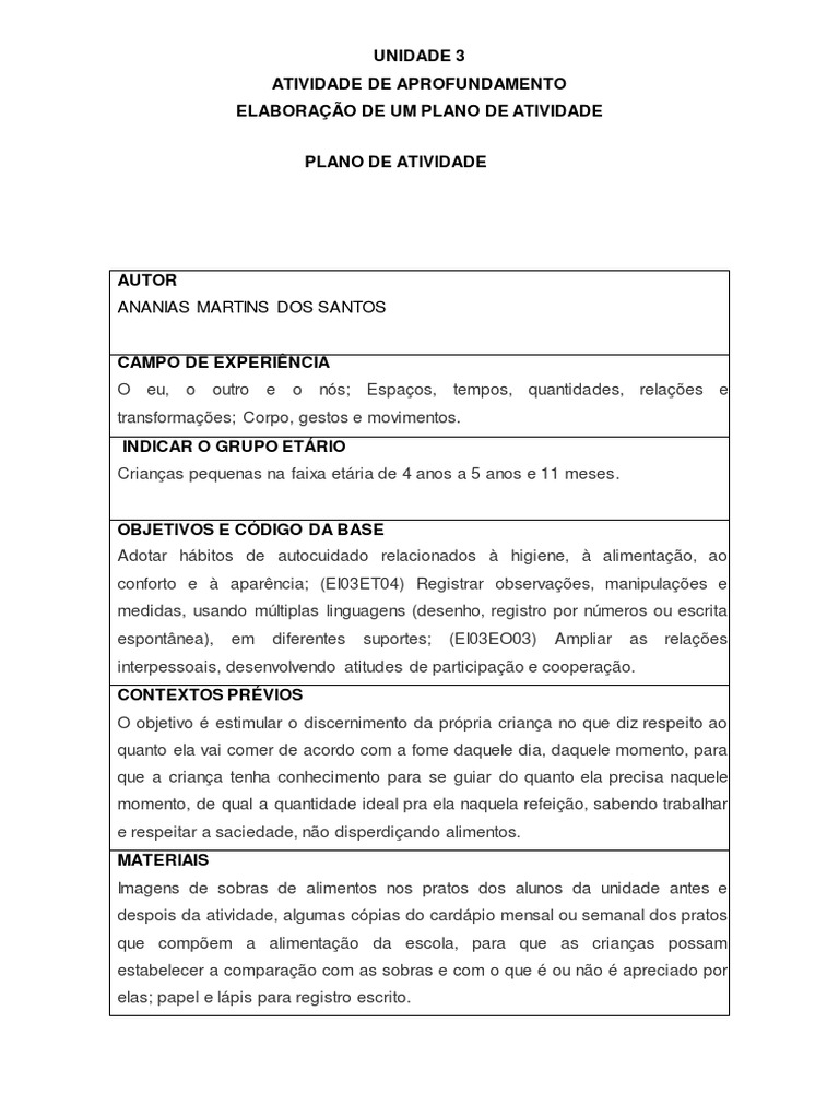 Prática de Ensino em Educação Infantil - Modelo Atividade III - Plano ...
