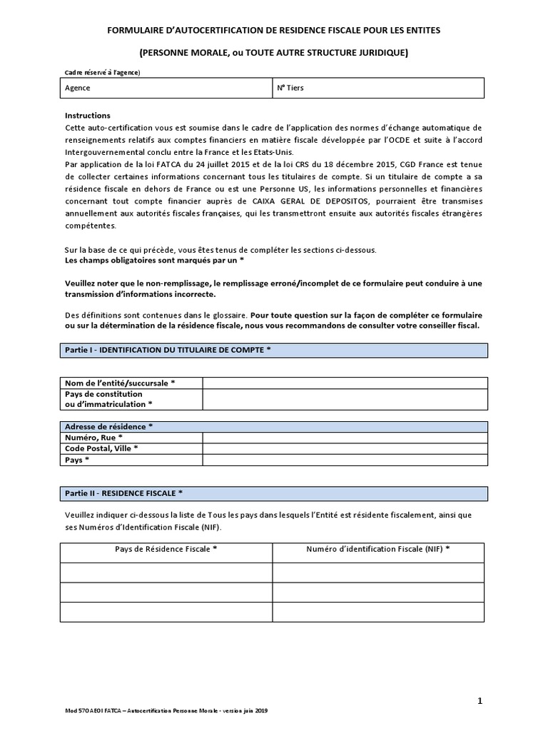 Formulaire Auto Certification Residence Fiscale Qualification Crs Fatca FATCA Autocertification Personne Morale Juin2019 | PDF | Fiducie | Banques